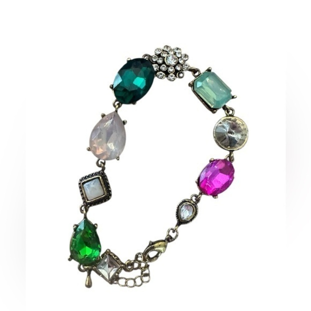 Vintage Adjustable Multi-Colored Stone Bracelet - Pink Green AB - Gold Tone